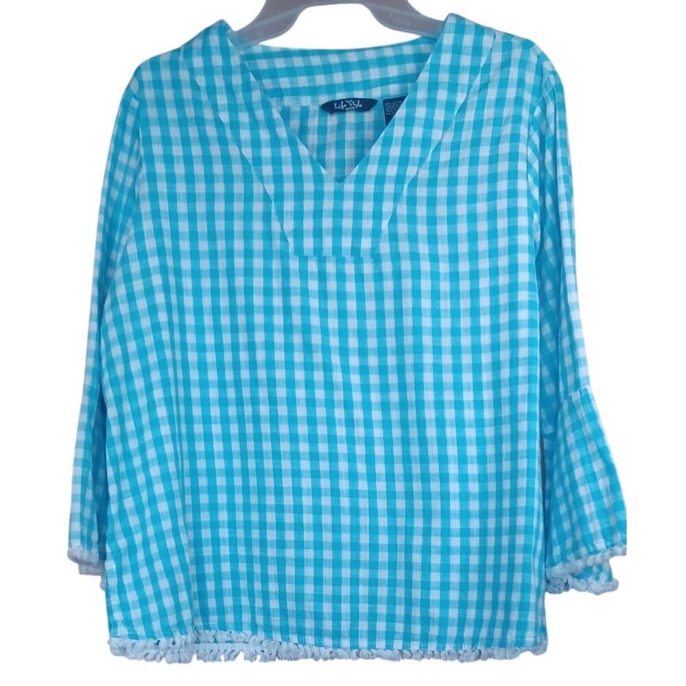 Life Style Petite Large Teal Gingham V-Neck Tunic Top with Fringe Hem Summer - Picture 4 of 7